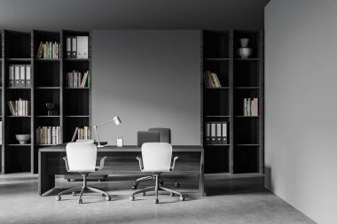 Gri duvarları, beton zemini, uzun konferans masası ve klasörlü kitaplıkları olan modern toplantı odasının içi. 3d oluşturma