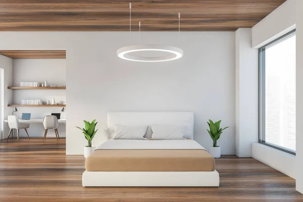 Offener Raum Schlafzimmer Mit Weißem Holzdesign Großes Bett Mit Bettwäsche — Stockfoto