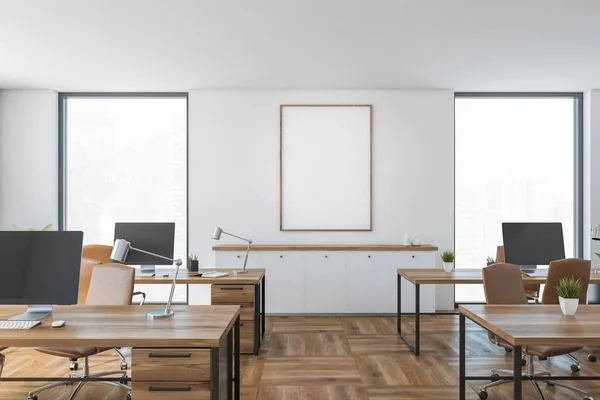 Mockup blank frame in white and wooden office room with computers on tables and leather chairs. Open space workplace with modern furniture on parquet floor, 3D rendering no people