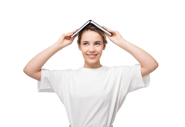 Retrato Aislado Una Joven Sonriente Camiseta Blanca Pie Con Libro —  Fotos de Stock