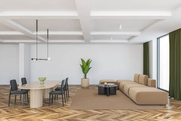 背景にグレーの椅子 茶色のテーブルと茶色のソファ付きの大きなリビングルーム 緑のカーテン 明るい木製の寄木細工の床と白い壁 3Dレンダリングなしの人々と大きなホールの大きな窓 — ストック写真