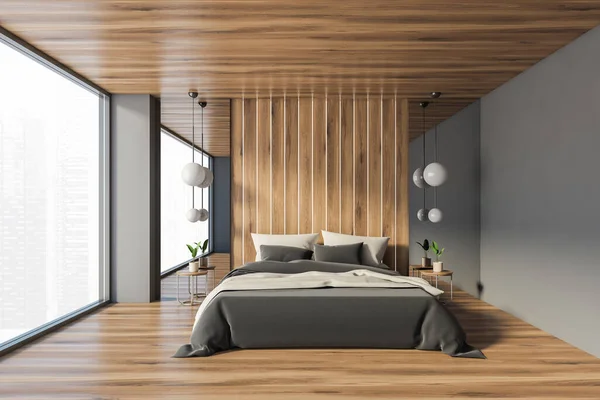 Wnętrze Minimalistycznej Sypialni Szarymi Drewnianymi Ścianami Drewnianą Podłogą Wygodnym Łóżkiem — Zdjęcie stockowe