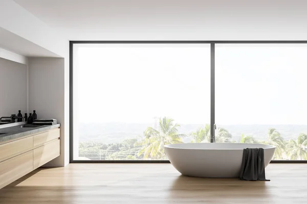 Intérieur Salle Bain Moderne Avec Murs Blancs Sol Bois Baignoire — Photo