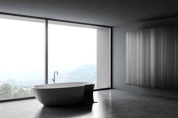 带有灰色墙壁 混凝土地面和舒适浴缸的时尚浴室角落 大的全景窗户 3D渲染 — 图库照片