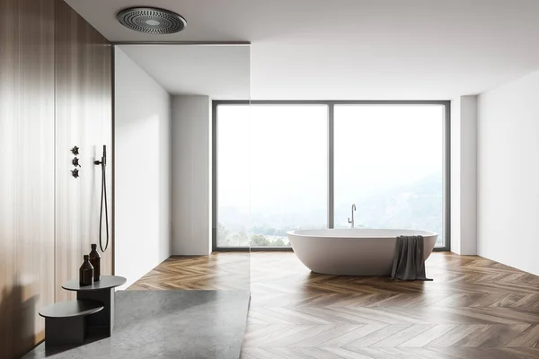 Interior Banheiro Moderno Com Paredes Brancas Madeira Piso Madeira Banheira — Fotografia de Stock