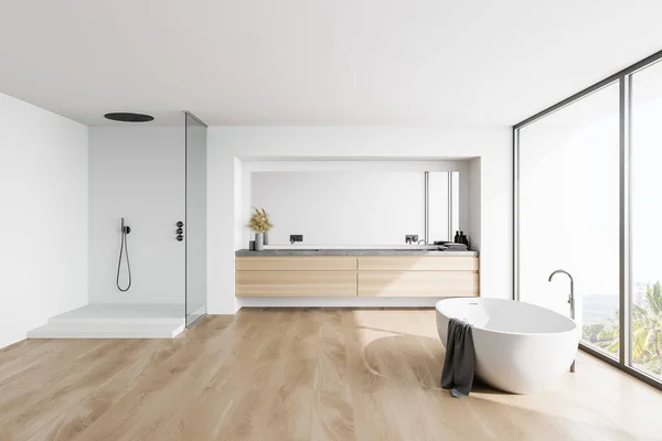 Intérieur Salle Bain Moderne Avec Murs Blancs Sol Bois Baignoire — Photo