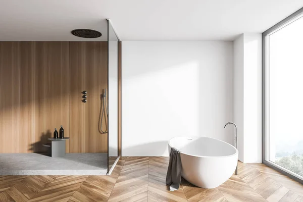 白と木製の壁 木製の床 快適なバスタブとシャワーストール付きのモダンなバスルームのサイドビュー 3Dレンダリング — ストック写真