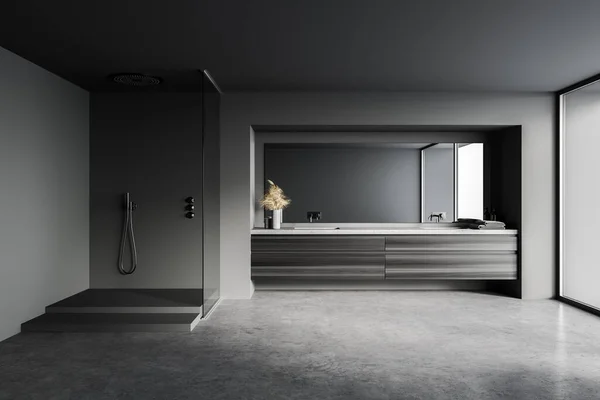 室内的时尚浴室与灰色墙壁 球拍地板 舒适的双水池和淋浴间 3D渲染 — 图库照片