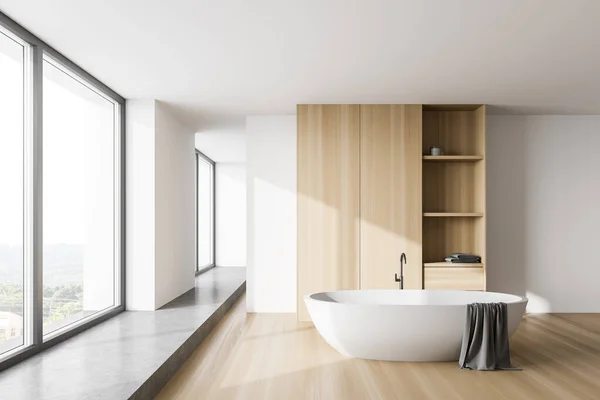 Intérieur Salle Bain Élégante Avec Murs Blancs Bois Sol Bois — Photo