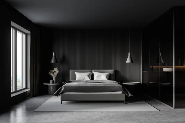 Interieur Van Stijlvolle Master Bedroom Met Grijze Houten Muren Cocnrete — Stockfoto