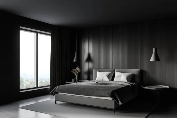 Corner Stylish Master Bedroom Gray Wooden Walls Cocnrete Floor Comfortable — Stock Photo, Image