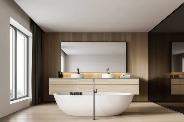 Interior Modern Bathroom White Wooden Walls Wooden Floor Double Sink — Stock Photo, Image