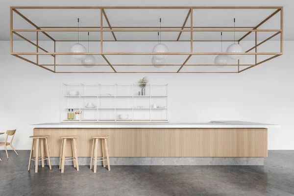 Interior of modern bar with white walls, concrete floor, wooden bar counter and square tables with chairs. 3d rendering
