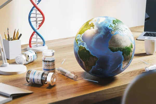 モデル地球とCovid 19コロナウイルスワクチン 予防接種と薬の概念 3Dレンダリング Nasaによって提供されたこの画像の要素 — ストック写真