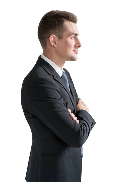 Retrato Lateral Isolado Confiante Jovem Empresário Com Braços Cruzados Olhando — Fotografia de Stock