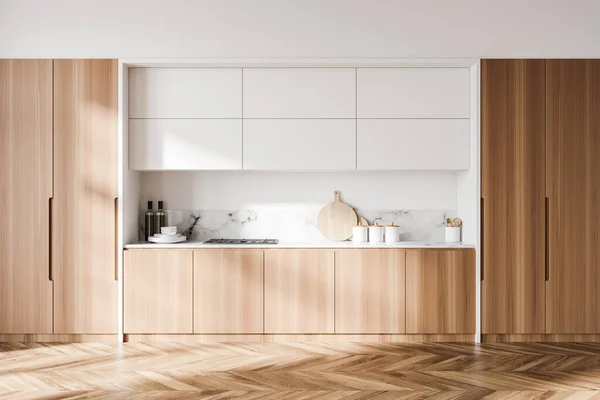 Interior Cozinha Moderna Com Paredes Brancas Piso Madeira Armários Com — Fotografia de Stock