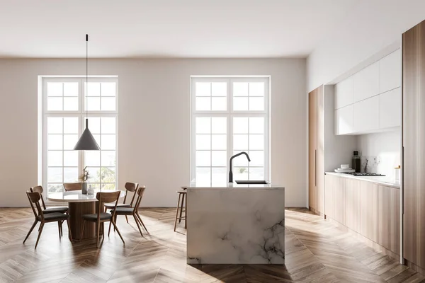 Side View Modern Kitchen White Walls Wooden Floor Bar Stools — Stock Photo, Image