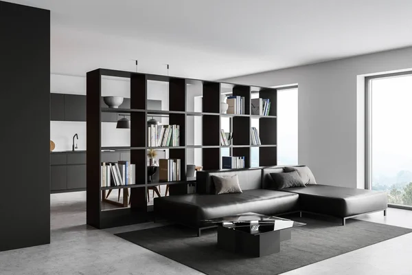 Corner Modern Living Room White Wooden Walls Concrete Floor Sofa — Stock Photo, Image