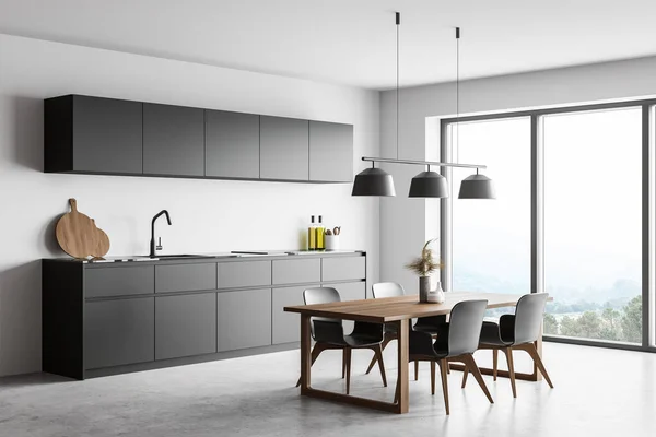 Corner Modern Kitchen White Walls Concrete Floor Gray Cupboards Dining — Stock Photo, Image