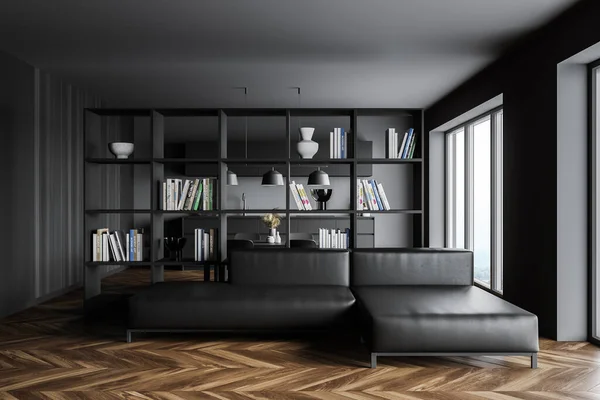 グレーと木製の壁 木製の床 ソファと本棚とスタイリッシュなリビングルームのインテリア 3Dレンダリング — ストック写真