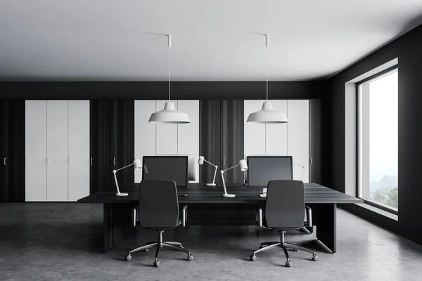 회색과 콘크리트 컴퓨터 테이블이 개방형 사무실의 렌더링 — 스톡 사진