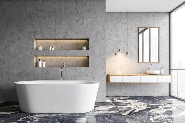 Interior Banheiro Moderno Com Paredes Concreto Piso Mármore Banheira Confortável — Fotografia de Stock