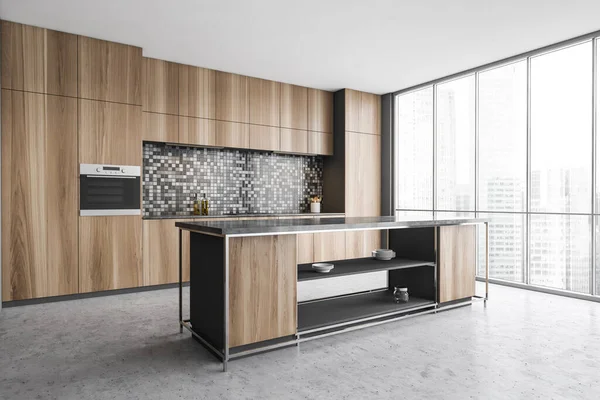 Corner Stylish Kitchen Gray Walls Concrete Floor Wooden Cupboards Built — Stock Photo, Image