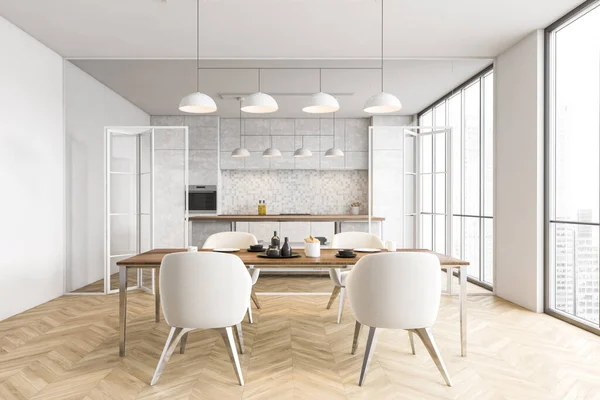 Interieur Der Modernen Küche Mit Weißen Wänden Holzboden Marmorschränken Mit — Stockfoto