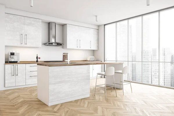 Ecke Der Modernen Küche Mit Weißen Wänden Holzboden Weißen Schränken — Stockfoto
