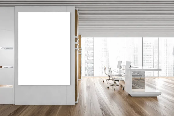 Interior Escritório Elegante Com Paredes Brancas Madeira Piso Madeira Recepção — Fotografia de Stock