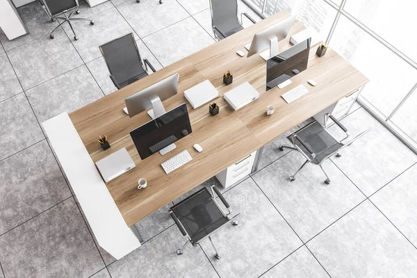 Top View Grey Office Room Wooden Table Computers Black Armchairs — Stock Photo, Image