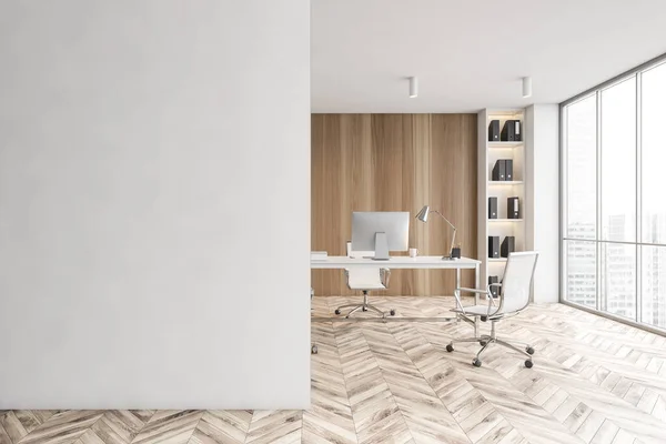 Corner of modern CEO office with wooden walls and floor, computer table and chairs for visitors. Mock up wall. 3d rendering