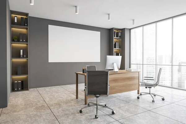 Interior Modern Ceo Office Gray Walls Tiled Floor Computer Table — Stock Photo, Image