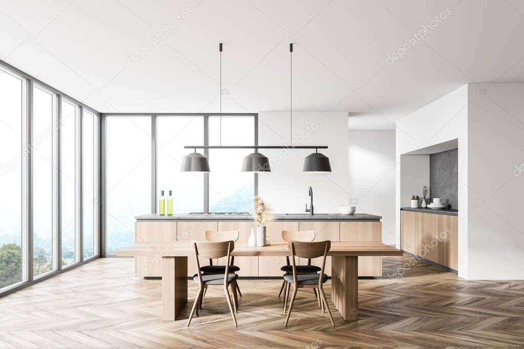 Interior of panoramic kitchen with white walls, wooden floor, wooden island and dining table. 3d rendering