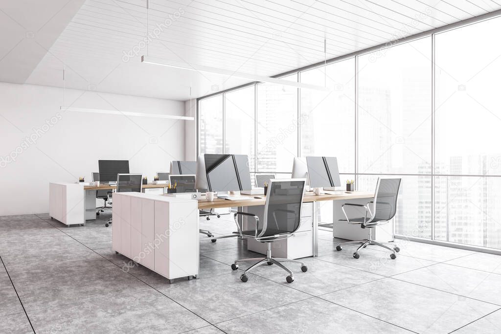 White office room with armchairs and computers on the tables near windows, side view. White office room with modern minimalist furniture on marble floor, 3D rendering no people