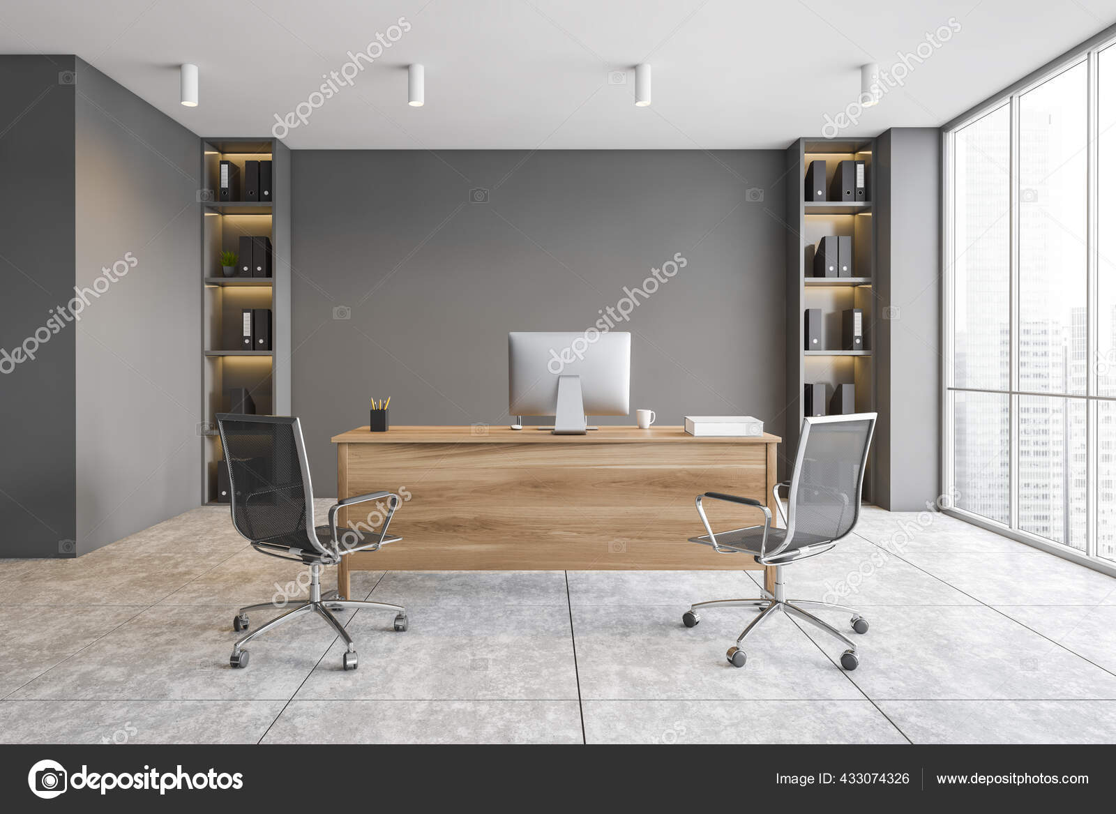 Front View Modern Ceo Office Gray Walls Tiled Floor Computer — Stock Photo  © denisismagilov #433074326, image size:1600x1167