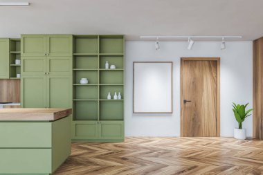 Beyaz ve yeşil duvarları olan modern mutfağın içi, ahşap zemin, yeşil dolaplar ve yemek masası. Dikey maket posteri. 3d oluşturma