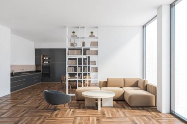 Arka planda bej kanepe ve siyah mutfak seti olan stüdyo dairede oturma odası, kitaplık ve yemek odası. Minimalist oturma odasının modern tasarımı, 3 boyutlu, insan içermiyor