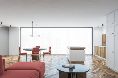 Gri ve ahşap duvarları, ahşap zemini, kırmızı kanepesi ve arka planda masası olan şık bir oturma odası. 3d oluşturma