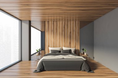 Gri ve ahşap duvarları, ahşap zemini ve rahat kral yatağı olan minimalist ana yatak odası. 3d oluşturma