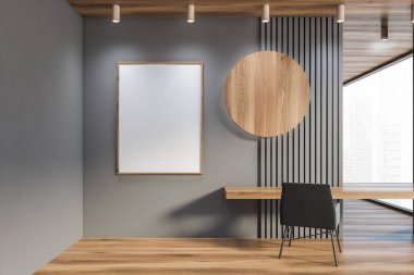 Gri duvarları, ahşap zemini ve gri koltuklu masası olan minimalist ev ofisinin içi. Dikey maket posteri. 3d oluşturma