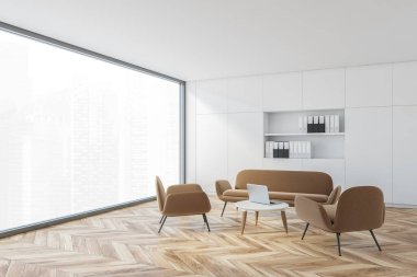 Modern panoramik mutfağın köşesinde beyaz duvarlar, ahşap zemin ve sehpanın yanında duran bej kanepe. 3d oluşturma