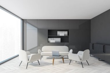 Gri duvarları, ahşap zemini ve sehpanın yanında duran beyaz kanepesi olan şık panoramik mutfağın içi. 3d oluşturma