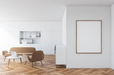 Beyaz duvarları, ahşap zemini ve kahve masasının yanında duran bej kanepesi olan modern panoramik mutfağın içi. Posteri düzenle. 3d oluşturma