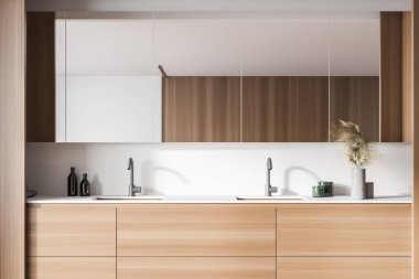 Modern banyo, beyaz ve ahşap duvarlar, çift lavabo ve büyük ayna. 3d oluşturma