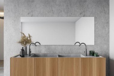 Modern banyo, beton duvarlar ve büyük aynalı ahşap çift lavabo. 3d oluşturma