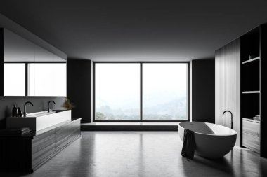 Gri ve ahşap duvarları, beton zemini, rahat küveti ve çift lavabosu olan modern banyonun içi. 3d oluşturma