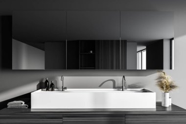 Gri duvarları, beton zemini ve büyük aynalı çift lavabosu olan şık banyoyu kapatın. 3d oluşturma