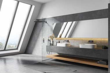 Beyaz duvarlı tavan arası banyosu, beton zemin, rahat bir çift lavabo ve duş kabini. 3d oluşturma