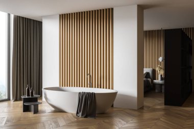 Ahşap ve beyaz duvarları, tahta zemini ve rahat küveti olan modern banyonun köşesi. 3d oluşturma